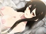  :d ange_vierge black_hair breasts brown_eyes dutch_angle hair_between_eyes large_breasts long_hair looking_at_viewer mildred_(ange_vierge) nipples onsen open_mouth partially_submerged smile solo upper_body yamiochi_umekichi 