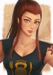  arm_tattoo breasts brigitte_(overwatch) brown_background brown_eyes brown_hair cleavage clothes_writing collarbone eyebrows eyeliner freckles hair_pulled_back kettlebell light_smile lips long_hair looking_at_viewer makeup medium_breasts overwatch ponytail print_shirt shirt sidelocks signature solo tattoo torn_clothes torn_sleeves umigraphics upper_body 