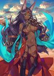  animal_ears aqua_eyes breasts bridal_gauntlets cloud dark_skin desert fate/grand_order fate_(series) gem jewelry katou_itsuwa large_breasts long_hair looking_at_viewer navel official_art purple_hair queen_of_sheba_(fate/grand_order) sand smile solo very_long_hair 