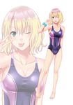  bare_shoulders barefoot blonde_hair blue_eyes blush breasts cleavage collarbone commentary_request competition_swimsuit eyebrows_visible_through_hair full_body highres large_breasts looking_at_viewer multiple_views nail_polish one-piece_swimsuit one_eye_closed original short_hair shuko_hime smile standing swimsuit tawagoto_dukai_no_deshi tehepero tongue tongue_out 