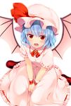  bat_wings blouse blush bow bowtie circle_skirt collared_blouse commentary eyebrows_visible_through_hair fangs flower frilled_skirt frilled_sleeves frills from_above hair_bow hands_on_lap hands_together hat highres jewelry lace-trimmed_cuffs light_blue_hair long_skirt looking_at_viewer looking_up medium_hair mob_cap nnyara open_mouth pendant pink_blouse pink_hat pink_shirt pink_skirt pink_wings puffy_short_sleeves puffy_sleeves red_eyes red_footwear remilia_scarlet ribbon-trimmed_headwear ribbon-trimmed_shirt ribbon-trimmed_skirt ribbon-trimmed_sleeves ribbon_trim rose shirt short_sleeves signature simple_background sitting skirt skirt_set slit_pupils solo touhou tsurime v_arms wariza white_background wings wrist_cuffs 