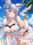  animal_ears bangs bare_arms bare_shoulders beach bikini blue_eyes blue_flower blue_sky blunt_bangs blush bracer branch breasts cleavage cloud collarbone commentary_request day erune eyebrows_visible_through_hair flower gem glint granblue_fantasy grey_hair hair_flower hair_ornament head_tilt heart hibiscus highres holding kazami_chiu korwa large_breasts leaning_forward left-handed light_smile long_hair looking_at_viewer o-ring o-ring_bikini ocean outdoors palm_tree parted_lips quill sand shiny shiny_skin sidelocks sky solo sparkle standing swimsuit thighlet tree very_long_hair white_bikini 