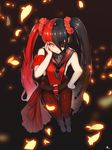  absurdres armband bad_id bad_pixiv_id black_hair blade_&amp;_soul breasts brown_eyes eyepatch full_body guundesu hand_on_hip hand_on_own_cheek highres looking_at_viewer multicolored_hair o-ring red_hair small_breasts solo standing twintails two-tone_hair 