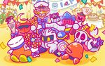  6+boys axe_knight_(kirby) banner bird blade_knight bouquet bow box cake cape captain_vul commentary_request confetti flower flying_sweatdrops food gift gift_box gloves hat helmet horned_helmet invincible_candy javelin_knight kirby kirby_(series) mace_knight mask maxim_tomato meta_knight multiple_boys official_art parfait peaked_cap pennant sailor_hat shoulder_pads sparkle sparkling_eyes sword_knight trident_knight waddle_dee white_gloves 