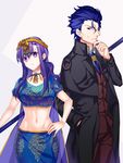 &gt;:( 1girl bangs black_jacket blue_eyes blue_hair blue_neckwear blue_skirt blush breasts brown_jacket brown_pants circlet closed_mouth coat collarbone crop_top fate/grand_order fate/stay_night fate_(series) frown hair_between_eyes hand_in_pocket hand_on_hip hand_on_own_chin hand_up holding holding_staff jacket jewelry long_hair long_sleeves looking_at_viewer looking_down matou_sakura matou_zouken medium_breasts navel necklace necktie open_clothes open_coat pants parvati_(fate/grand_order) puffy_short_sleeves puffy_sleeves purple_eyes purple_hair see-through short_sleeves skirt smile staff star star_in_eye stomach sweat symbol_in_eye tareme two-tone_background v-shaped_eyebrows wavy_hair white_background wing_collar ycco_(estrella) younger 
