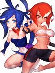  bare_shoulders bike_shorts blue_eyes blue_hair breasts cleavage covered_nipples fingerless_gloves fumio_(rsqkr) gloves light_smile long_hair medium_breasts midriff multiple_girls navel red_eyes red_hair short_hair simple_background thighs toned underboob white_background 