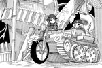  breath brodie_helmet chito_(shoujo_shuumatsu_ryokou) fur_trim greyscale gun half-track helmet highres kettenkrad military military_uniform monochrome multiple_girls namazu_(6097232) rifle shoujo_shuumatsu_ryokou sketch stahlhelm uniform weapon yuuri_(shoujo_shuumatsu_ryokou) 