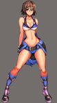  absurdres belt blush boots breasts brown_eyes brown_hair cleavage clyde_s collarbone contrapposto full_body grey_background highres kazama_asuka looking_to_the_side medium_breasts midriff short_hair short_shorts shorts single_sleeve slender_waist solo sports_bra standing tekken unzipped 