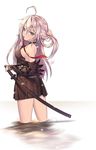  adjusting_hair ahoge artist_name black_skirt blush breasts closed_mouth eyebrows from_behind grey_eyes hand_on_hilt highres holding holding_sword holding_weapon large_breasts lee_seok_ho long_hair looking_at_viewer original sheath sheathed sideboob signature silver_hair skirt solo sword weapon 