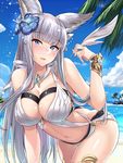  animal_ears bangs bare_arms bare_shoulders beach bikini blue_eyes blue_flower blue_sky blunt_bangs blush bracer branch breasts cleavage cloud collarbone day erune eyebrows_visible_through_hair flower gem glint granblue_fantasy grey_hair hair_flower hair_ornament head_tilt heart hibiscus highres holding horizon island kazami_chiu korwa large_breasts leaning_forward left-handed light_smile long_hair looking_at_viewer navel o-ring o-ring_bikini ocean outdoors palm_tree parted_lips quill sand shiny shiny_skin sidelocks sky solo sparkle standing swimsuit thighlet tree very_long_hair white_bikini 