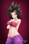  10s 1girl artist_request bandeau bare_shoulders belly black_eyes black_hair breasts caulifla curvy dragon_ball dragon_ball_super erect_nipples female large_breasts looking_at_viewer navel pants pink_eyes saiyan solo spiked_hair stomach tubetop wristband 