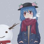  alternate_costume blue_hair blue_jacket breath commentary_request contemporary food fruit grey_background hands_in_pockets hat hinanawi_tenshi jacket long_hair long_sleeves nibi peach red_eyes red_scarf scarf snowing snowman solo touhou upper_body 