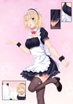  ^_^ ^o^ alternate_costume animal_ears apron black_footwear blonde_hair blue_eyes blush boots breasts cat_ears closed_eyes commentary_request dress enmaided eyebrows_visible_through_hair fake_animal_ears frills hair_between_eyes highres leg_up long_hair long_sleeves looking_at_viewer maid maid_headdress medium_breasts multiple_girls one_eye_closed open_mouth original red_eyes short_hair shuko_hime silver_hair smile standing standing_on_one_leg tawagoto_dukai_no_deshi thighhighs thumbs_up waist_apron 
