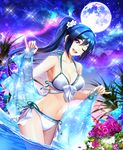  aurora bangle bangs bikini blue_hair blush bracelet breasts commentary eu_(euspia) flower full_moon jewelry large_breasts long_hair looking_at_viewer love_live! love_live!_sunshine!! matsuura_kanan moon navel one_eye_closed open_mouth ponytail purple_eyes revision sarong smile solo sparkle swimsuit wading white_bikini 