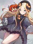  2girls :c :d abigail_williams_(fate/grand_order) absurdres bangs black_bow black_dress black_hat blonde_hair blue_eyes blush bow brown_eyes bug butterfly chibi closed_mouth commentary_request dress fate/grand_order fate_(series) flying_sweatdrops fujimaru_ritsuka_(female) hair_bow hat highres insect long_hair long_sleeves looking_at_viewer multiple_girls open_mouth orange_bow orange_hair parted_bangs piliheros2000 riyo_(lyomsnpmp)_(style) signature sleeves_past_fingers sleeves_past_wrists smile very_long_hair 