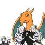  bowtie bride cape charizard closed_eyes commentary crossover female_my_unit_(fire_emblem:_kakusei) female_my_unit_(fire_emblem_if) fire_emblem fire_emblem:_kakusei fire_emblem_if gen_1_pokemon groom long_hair male_my_unit_(fire_emblem:_kakusei) male_my_unit_(fire_emblem_if) my_unit_(fire_emblem:_kakusei) my_unit_(fire_emblem_if) pokemon pokemon_(game) pokemon_rgby rukotaro short_hair silver_hair super_smash_bros. tuxedo white_hair 