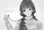  bangs blunt_bangs duffy eyebrows greyscale highres idolmaster idolmaster_cinderella_girls jewelry kamiya_nao long_hair looking_to_the_side low_twintails monochrome necklace parted_lips simple_background sketch solo sweater turtleneck turtleneck_sweater twintails 