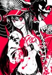  :p banned_artist black_hair bodypaint breasts fate/grand_order fate_(series) hat jacket large_breasts long_hair navel oda_nobunaga_(fate) oda_nobunaga_(swimsuit_berserker)_(fate) open_clothes open_jacket peaked_cap red_eyes s_tanly skeleton skirt solo tongue tongue_out 