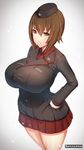  amamiya_(abaros) artist_name breasts brown_eyes brown_hair commentary_request emblem garrison_cap girls_und_panzer hand_on_hip hat huge_breasts impossible_clothes kuromorimine_(emblem) kuromorimine_military_uniform looking_at_viewer military military_uniform nishizumi_maho pleated_skirt red_skirt short_hair skirt solo standing uniform 