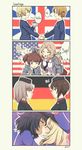  6+girls :&lt;&gt; alisa_(girls_und_panzer) american_flag andou_(girls_und_panzer) bc_freedom_(emblem) bc_freedom_military_uniform black_bow black_hair black_hat black_jacket black_neckwear blazer blonde_hair blue_eyes blue_hat blue_sweater blush bow braid brown_eyes brown_hair closed_eyes closed_mouth comic commentary cup darjeeling dark_skin diamond_mouth dress_shirt emblem english eyebrows_visible_through_hair facing_another flag_background french_flag from_side garrison_cap german_flag girls_und_panzer girls_und_panzer_saishuushou green_eyes grey_jacket hair_bow hair_intakes handshake hat highres holding holding_cup itsumi_erika jacket kay_(girls_und_panzer) kiss kuromorimine_military_uniform long_hair long_sleeves looking_at_viewer looking_away military military_hat military_uniform multiple_girls necktie nishizumi_maho one_eye_closed open_clothes open_jacket open_mouth orange_hair orange_pekoe oshida_(girls_und_panzer) pas_(paxiti) patting_back red_shirt saunders_(emblem) saunders_school_uniform school_uniform shako_cap shirt short_hair short_twintails silver_hair smile speech_bubble st._gloriana's_(emblem) st._gloriana's_school_uniform sweater teacup tied_hair twin_braids twintails twitter_username uniform union_jack v-neck v-shaped_eyebrows white_shirt yuri 