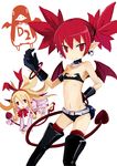  belt blonde_hair boots commentary_request demon_tail disgaea disgaea_d2 etna flat_chest flonne flonne_(fallen_angel) gloves long_hair looking_at_viewer multiple_girls navel red_eyes red_hair saitou_(uzizane) tail thigh_boots thighhighs twintails 