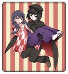  alternate_costume black_cape black_eyes black_gloves black_hair black_jacket black_pants blush brown_footwear cape carrying commentary_request gloves hammer_(sunset_beach) hat highres jacket japanese_clothes kanbaru_suruga long_hair long_skirt long_sleeves looking_at_viewer looking_down low_twintails monogatari_(series) multiple_girls oshino_ougi pants parted_lips princess_carry purple_hair red_background red_eyes sandals shoes short_hair skirt smile socks striped striped_background sweatdrop twintails two-tone_background v-shaped_eyebrows white_legwear wide_sleeves yellow_background 