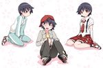  alternate_costume backwards_hat bandages baseball_cap blush brown_eyes closed_eyes floral_print hammer_(sunset_beach) hat highres kanbaru_suruga knees_up looking_at_viewer monogatari_(series) multiple_views necktie pants plaid plaid_skirt seiza shoes short_hair shorts shorts_under_skirt sitting skirt smile sneakers suspenders tomboy torn_clothes torn_pants track_suit wariza 