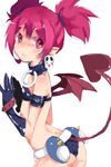  ass bare_shoulders black_gloves bracelet breasts choker demon_girl demon_tail disgaea disgaea_d2 earrings etna gloves jewelry long_hair navel pointy_ears red_eyes red_hair short_shorts shorts simple_background small_breasts tail twintails wings yoiyoi_(yoiyoi-chan) 