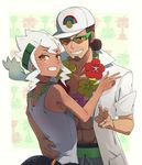  1girl :d ;d abs alolan_exeggutor alolan_form arm_around_waist bare_arms bare_shoulders baseball_cap beard blush brown_eyes brown_hair burnet_(pokemon) collarbone couple facial_hair flower flower_necklace from_behind green-framed_eyewear grin hand_on_another's_back hat hetero highres hsin husband_and_wife jewelry kukui_(pokemon) long_hair looking_at_viewer looking_back navel necklace one_eye_closed open_clothes open_mouth open_shirt over-rim_eyewear pokemon pokemon_(game) pokemon_sm ponytail pouch ring semi-rimless_eyewear shirt short_sleeves sidelocks sleeveless smile spiked_hair sunglasses tank_top teeth upper_body v wedding_band white_hair white_hat white_shirt yellow_eyes 