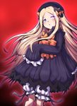  abigail_williams_(fate/grand_order) black_bow black_dress black_hat blonde_hair bloomers boro_bukuro bow dress fate/grand_order fate_(series) gothic_lolita hair_bow hair_ornament hat heterochromia holding_toy lolita_fashion long_hair long_sleeves orange_bow sleeves_past_fingers sleeves_past_wrists solo stuffed_animal stuffed_toy teddy_bear underwear white_bloomers 