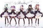  5girls :d ;) ;d aqua_hair aqua_rose ascot bang_dream! bangs black_choker black_flower black_footwear black_hair black_legwear black_neckwear black_ribbon black_rose blue_flower blue_rose blunt_bangs blush boots bow bowtie brown_hair choker clenched_hand collared_dress corsage corset cross-laced_footwear detached_sleeves dress finger_to_mouth flower frilled_dress frills full_body green_eyes group_name hair_flower hair_ornament hair_ribbon half_updo hand_in_hair hand_on_own_chest hand_up highres hikawa_sayo imai_lisa knee_boots long_hair looking_at_viewer minato_yukina multiple_girls one_eye_closed open_mouth overskirt pantyhose purple_eyes purple_flower purple_hair purple_rose red_eyes red_flower red_rose reflection ribbon rose roselia_(bang_dream!) see-through_sleeves shirokane_rinko short_sleeves silver_hair skirt_hold smile standing striped taya_5323203 thighhighs twintails udagawa_ako vertical_stripes wrist_cuffs yellow_eyes 