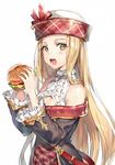  bare_shoulders blonde_hair brown_eyes cleavage_cutout diola_(granblue_fantasy) food frills gold_trim granblue_fantasy hamburger hat long_hair looking_at_viewer momoko_(momopoco) open_mouth simple_background solo white_background 