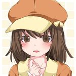  :d bangs blush brown_eyes brown_hair hair_between_eyes hammer_(sunset_beach) hat jacket long_sleeves looking_at_viewer monogatari_(series) open_mouth otorimonogatari sengoku_nadeko short_hair smile solo upper_body 