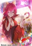  ;) animal_ears breasts cat_ears cat_tail cleavage dress floodlights flower hand_on_hip heart large_breasts long_hair looking_at_viewer official_art one_eye_closed plant qurare_magic_library red_dress red_hair smile standing tail takotsu very_long_hair watermark 