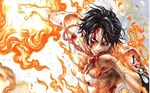  1boy black_eyes black_hair blood blood_on_face devil_fruit fire male_focus necklace one_piece portgas_d_ace solo tagme tattoo topless 