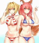  \m/ ahoge animal_ears arm_around_waist ass_visible_through_thighs bad_id bad_pixiv_id bare_arms bare_shoulders bikini blonde_hair blue_bikini blush breasts brown_eyes closed_mouth collarbone cowboy_shot criss-cross_halter earrings eyebrows_visible_through_hair fang_out farys_(afopahqfw) fate/grand_order fate_(series) fox_ears fox_shadow_puppet fox_tail green_eyes groin hair_intakes halterneck hand_in_hair highres jewelry large_breasts long_hair looking_at_viewer medium_breasts multiple_girls navel nero_claudius_(fate)_(all) nero_claudius_(swimsuit_caster)_(fate) parted_lips pink_hair shiny shiny_hair simple_background smile standing stomach swimsuit tail tamamo_(fate)_(all) tamamo_no_mae_(swimsuit_lancer)_(fate) thigh_gap thighs tsurime twintails underboob white_background 