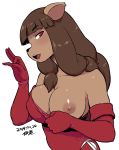  2019 5_fingers animal_humanoid armwear bedroom_eyes breasts brown_fur brown_hair cat_humanoid clothing dress ecaflip elbow_gloves felid felid_humanoid feline feline_humanoid female flashing fur gloves hair half-closed_eyes humanoid looking_at_viewer mammal miranda_(wakfu) nipple_outline nipples one_breast_out red_eyes seductive simple_background solo tsukudani_(coke-buta) video_games wakfu white_background 