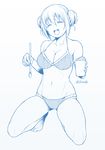  :d bare_arms bare_legs bare_shoulders barefoot bikini blend_s blue breasts cleavage closed_eyes double_bun eyebrows_visible_through_hair facing_viewer food hair_between_eyes hinata_kaho holding ice_cream_spoon kneeling kouda_tomohiro large_breasts legs_apart monochrome navel open_mouth shaved_ice simple_background smile solo spoon swimsuit toenails twitter_username white_background 