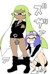  1girl assisted_exposure bike_shorts black_shorts blue_hair boots censored commentary_request dark_skin domino_mask fangs genderswap genderswap_(mtf) goggle-kun_(splatoon) goggles goggles_on_head green_hair highres inkling iriehana jacket mask novelty_censor pantsing parody pointy_ears pulled_by_another pussy rider-kun_(splatoon) see-through shoes shorts sneakers splatoon_(manga) splatoon_(series) squid tentacle_hair track_jacket transparent_censoring 