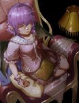  absurdres bad_id bad_pixiv_id bat_wings book couch frills highres pointy_ears purple_hair remilia_scarlet sitting sleeping sleeping_upright solo touhou wings wrist_cuffs zuosi_zhichu 