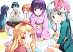  5girls :d bangs blonde_hair blue_eyes blue_sweater blunt_bangs blush bow brown_skirt closed_mouth collared_shirt computer drawing dress eromanga_sensei eyebrows_visible_through_hair hair_bow hairband hand_on_own_cheek hood hoodie indian_style izumi_masamune izumi_sagiri japanese_clothes jinno_megumi kimono laptop long_sleeves looking_at_another looking_at_viewer meruru_(oreimo) multiple_girls na53 necktie obi open_mouth ore_no_imouto_ga_konna_ni_kawaii_wake_ga_nai parted_lips pencil pink_bow pink_dress pink_kimono pointy_ears purple_eyes purple_hair red_eyes red_neckwear sash senju_muramasa shirt short_hair silver_hair sitting skirt smile squatting sweater takasago_tomoe vest white_shirt yamada_elf yokozuwari 