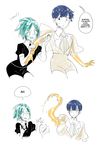  ange_(angeban93) blue_hair commentary crystal_hair dual_persona english gem_uniform_(houseki_no_kuni) gold green_eyes green_hair heterochromia highres houseki_no_kuni phosphophyllite phosphophyllite_(ll) sparkle spoilers time_paradox 