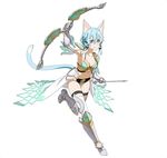  1girl armpits blue_hair bodysuit bow_and_arrow full_body green_eyes official_art shinon_(alo) shinon_(sao-alo) short_hair smile sword_art_online valkyrie 