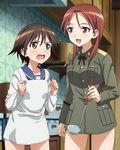  2girls angry blush breasts brown_eyes brown_hair collarbone medium_breasts military_uniform minna-dietlinde_wilcke miyafuji_yoshika multiple_girls open_mouth red_eyes red_hair small_breasts smile standing strike_witches world_witches_series 