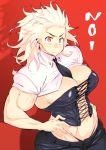  1girl between_breasts breasts buta_(machineswine) cleavage corset dorohedoro ear_piercing hair_slicked_back hands_on_hips highres large_breasts muscle muscular_female necktie necktie_between_breasts noi_(dorohedoro) pants piercing platinum_blonde_hair red_eyes shrug_(clothing) solo thong 