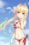  :d bangs bare_arms bare_shoulders bikini blonde_hair blue_sky blush bow bracelet breasts chinese_commentary cleavage cloud collarbone commentary criss-cross_halter day eyebrows_visible_through_hair fate/grand_order fate_(series) green_eyes hair_between_eyes hair_bow hair_intakes halterneck hand_on_own_cheek head_tilt holding jewelry large_breasts linhe_de_chuangzi long_hair looking_at_viewer navel nero_claudius_(fate)_(all) nero_claudius_(swimsuit_caster)_(fate) open_mouth outdoors pearl_bracelet side-tie_bikini sky smile solo striped striped_bikini swimsuit very_long_hair white_bow 