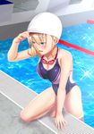  bare_arms bare_shoulders blonde_hair blue_eyes blue_swimsuit blush breasts chain-link_fence cleavage commentary_request competition_school_swimsuit competition_swimsuit eyebrows_visible_through_hair fence goggles goggles_removed highres indoors lane_line large_breasts one-piece_swimsuit original pool poolside school_swimsuit short_hair shuko_hime solo swim_cap swim_cap_removed swimsuit tawagoto_dukai_no_deshi water wet 
