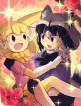  :d animal_ears arm_around_shoulder black_gloves black_hair black_neckwear blonde_hair bow bowtie breast_pocket carrying commentary common_raccoon_(kemono_friends) cover cover_page doujin_cover extra_ears eye_contact eyebrows_visible_through_hair fang fennec_(kemono_friends) flower fox_ears fur_collar gloves green_eyes hair_between_eyes hands_on_another's_shoulder highres ino_(tellu0120) kemono_friends leg_hold looking_at_another multicolored_hair multiple_girls open_mouth pocket princess_carry raccoon_ears raccoon_tail rose short_hair short_sleeves smile sparkle tail thighhighs yellow_legwear yellow_neckwear 