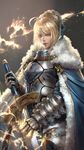  antenna_hair armor artoria_pendragon_(all) bangs blonde_hair blue_cape blue_eyes blue_ribbon blurry braid breastplate buckle cape closed_mouth commentary_request cowboy_shot crown depth_of_field excalibur fate/grand_order fate_(series) faulds flaming_sword fur_trim gauntlets gradient gradient_background grey_background hair_bun hair_ribbon highres holding holding_sword holding_weapon kaburagi_yasutaka lips looking_at_viewer realistic ribbon shiny shiny_hair short_hair solo sparks standing sword weapon 