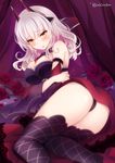  :o ass bare_shoulders black_legwear blush breasts carmilla_(fate/grand_order) cleavage eyebrows_visible_through_hair fate/grand_order fate_(series) flower horns ichiyou_moka large_breasts long_hair looking_at_viewer rose silver_hair solo thighhighs twitter_username yellow_eyes 